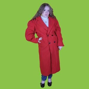 Vintage Red Trench Coat with Leather Shoulder Details, L